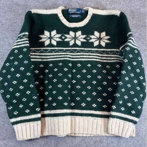 Polo Ralph Lauren Sweater Mens M Green Hand Knit Fair Isle Jumper Pullover